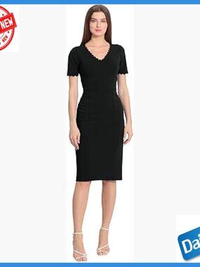 Scallop Trim V-Neck Pencil Dress for Office Workwear Events